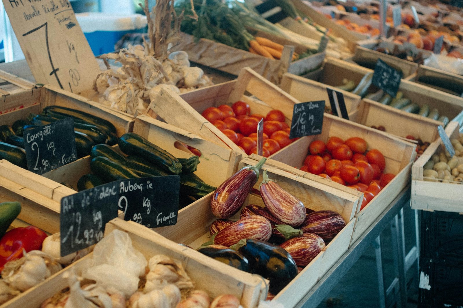 Crates of fresh vegetables at the market