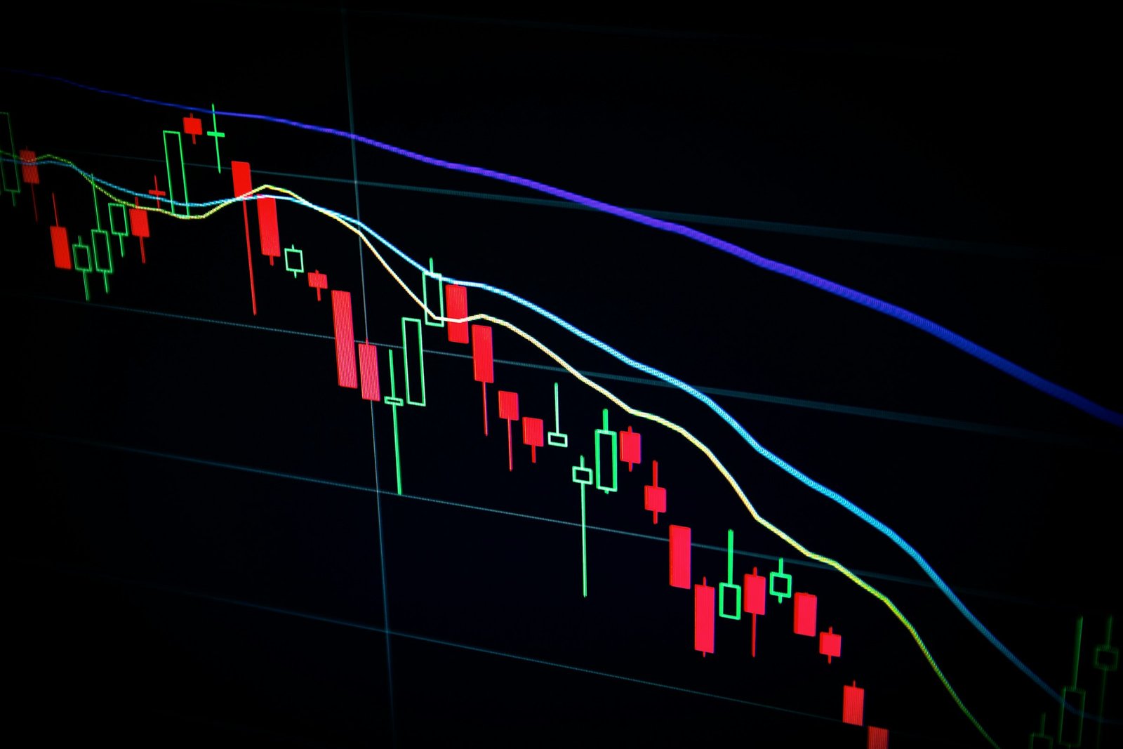 A candlestick trading chart on a dark screen